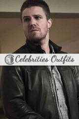 Stephen Amell Arrow TV Show Oliver Queen Black Leather Jacket