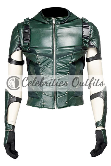 Oliver Queen Arrow Stephen Amell Green Leather Hooded Jacket