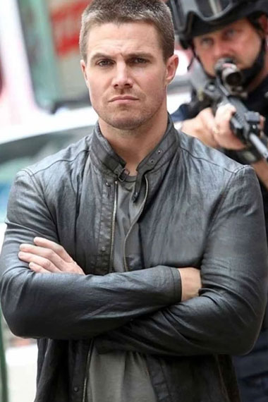 Stephen Amell Oliver Queen Arrow TV Show Black Leather Jacket