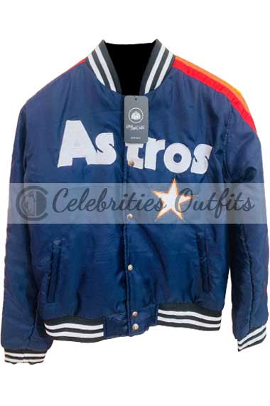Houston Astros Baseball Team Blue Satin Bomber Varsity Jacket