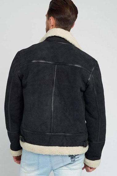 Aviator Mens Bomber Black Suede Leather Shearling Jacket