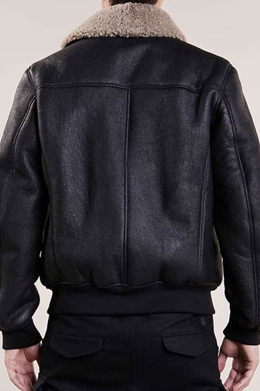 Mens Aviator Casual Bomber Black Leather Shearling Jacket