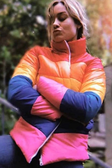 Womens Brie Larson Casual Puffer Rainbow Parachute Jacket