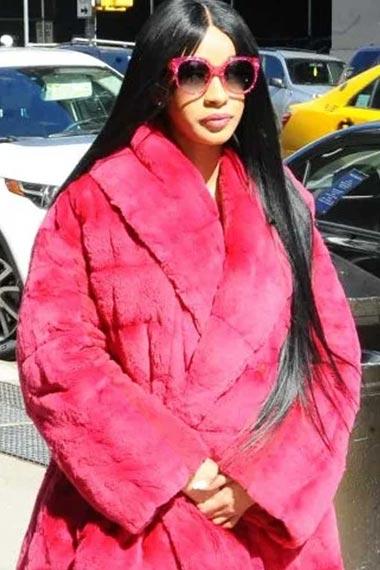 Casual Cardi B New York City Street Womens Hot Pink Fur Coat