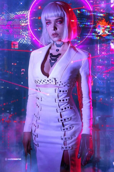 Cyberpunk 2077 Gaming Neon Girl White Cosplay Leather Coat