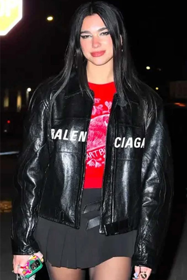 Womens Dua Lipa Balenciaga Casual Bomber Black Leather Jacket