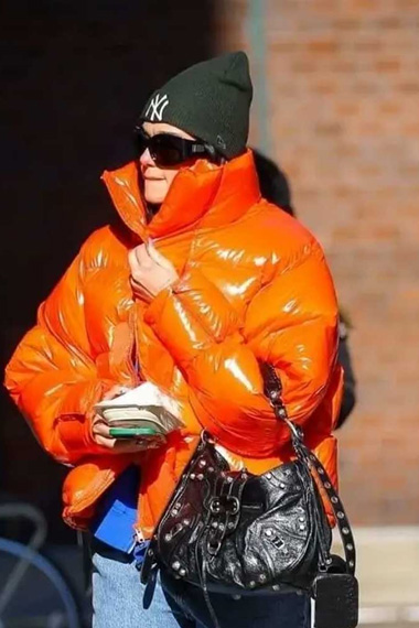 Casual Dua Lipa Womens Bomber Orange Quilted Puffer Jacket