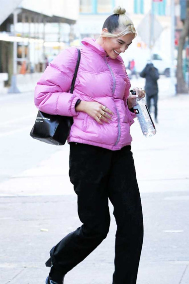 Dua Lipa Casual Bomber Pink Parachute Quilted Puffer Jacket