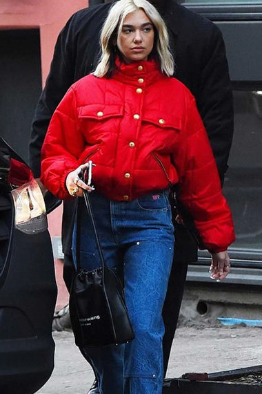 Casual Dua Lipa Street Womens Bomber Red Satin Puffer Jacket