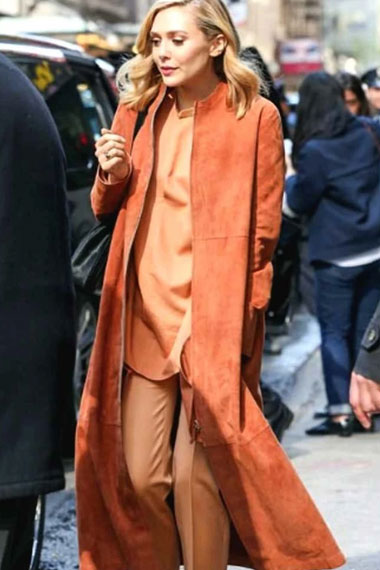 Elizabeth Olsen Street Style Casual Orange Suede Trench Coat