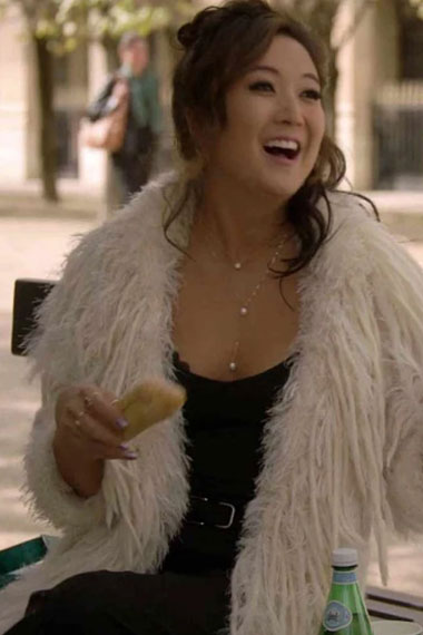 Emily In Paris Ashley Park Mindy Chen White Wool Long Fur Coat