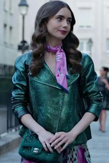 Lily Collins Emily Cooper Emily In Paris Green Metallic Jacket
