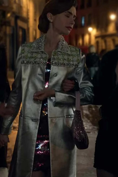 Emily In Paris Lily Collins Emily Cooper Silver Leather Coat