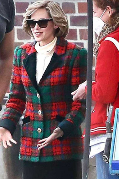 Diana Spencer Kristen Stewart Checked Plaid Wool Trench Coat