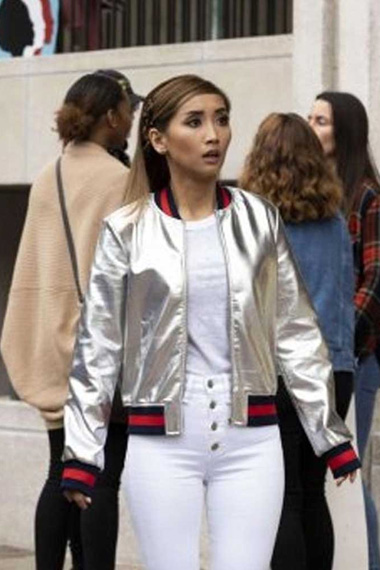 Dollface Brenda Song Madison Maxwell Silver Varsity Jacket
