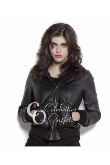 alexandra-daddario-black-bomber-leather-jacket