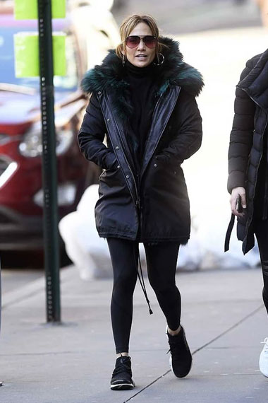 Jennifer Lopez Casual Green Fur Hooded Black Leather Coat