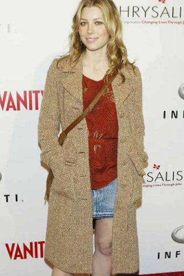 Jessica Biel Vanity Fair Party Beige Long Wool Trench Coat