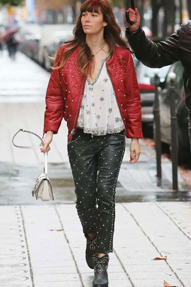 Womens Jessica Biel Casual Studded Red Quilted Leather Jacket