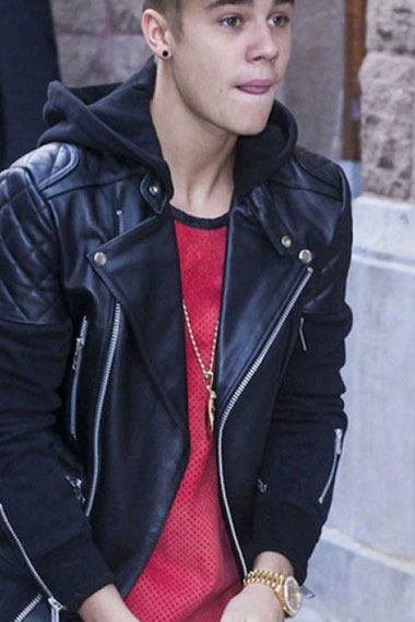 Casual Mens Justin Bieber Biker Black Leather Hooded Jacket