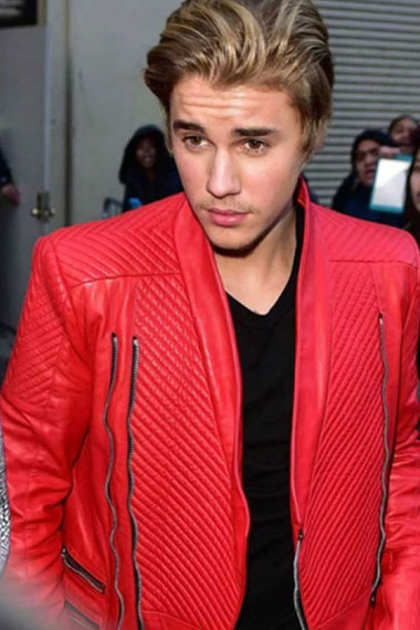 Mens Casual Justin Bieber Biker Red Quilted Leather Jacket