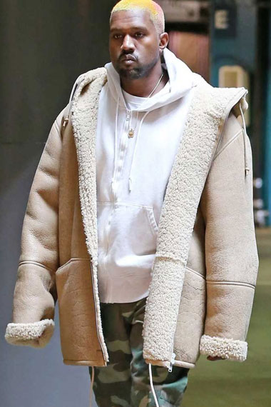 Kanye Omari West Mens Hooded Beige Leather Shearling Jacket