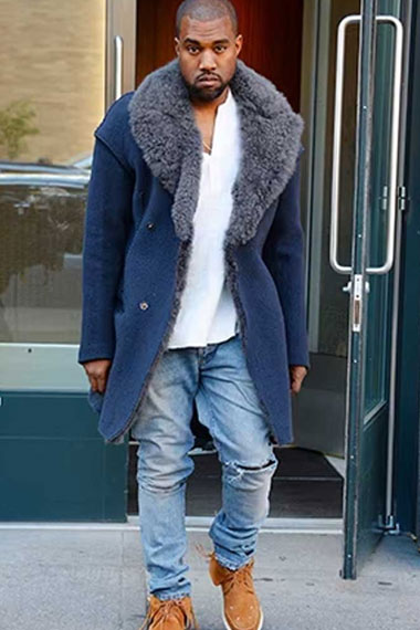 Mens Kanye Omari West Street Casual Blue Wool Shearling Coat