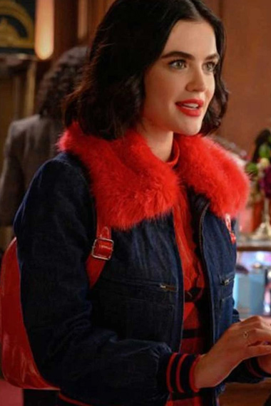 Lucy Hale Katy Keene Blue Bomber Denim Red Fur Collar Jacket