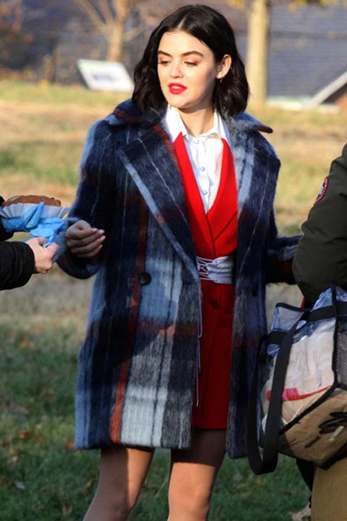 Lucy Hale Katy Keene Plaid Blue Checked Wool Trench Coat