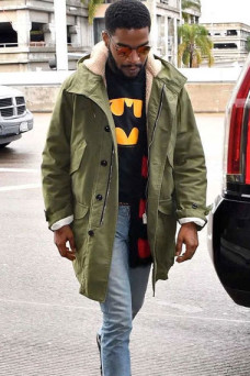 Mens Kid Cudi Casual Green Cotton Shearling Hooded Coat