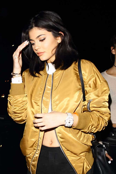 Womens Kylie Jenner Casual Metallic Gold Bomber Satin Jacket