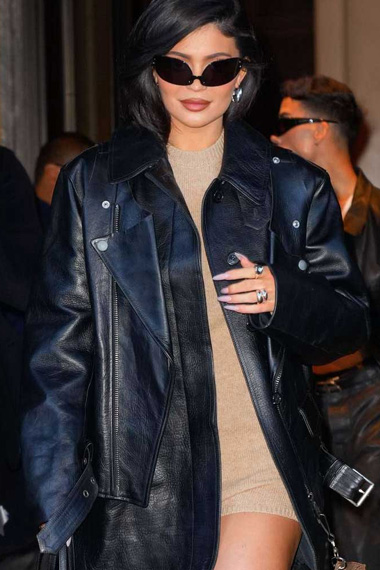 Womens Kylie Jenner Street Style Casual Black Leather Coat