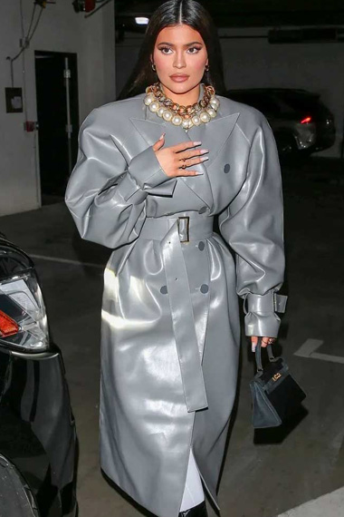 Kylie Jenner Womens Grey Leather Double Breasted Trench Coat
