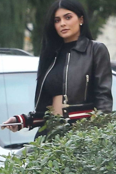 Kylie Jenner Womens Black Cropped Leather Varsity Jacket