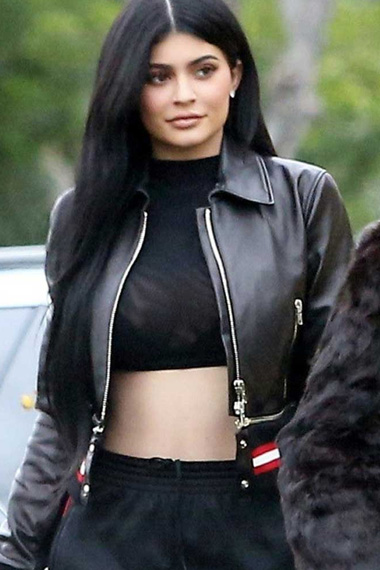 Kylie Jenner Womens Black Cropped Leather Varsity Jacket