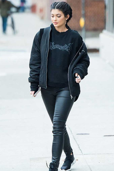 Kylie Jenner Street Style Womens Black Bomber Wool Jacket