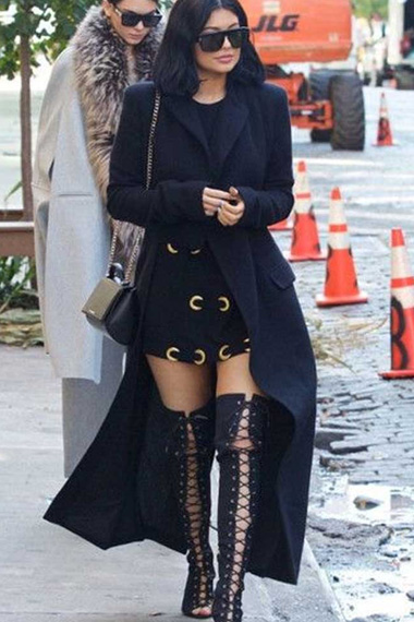 Womens Kylie Jenner Street Casual Black Wool Long Trench Coat