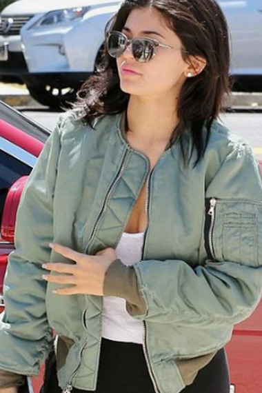 Womens Kylie Jenner Street Casual Bomber Green Cotton Jacket