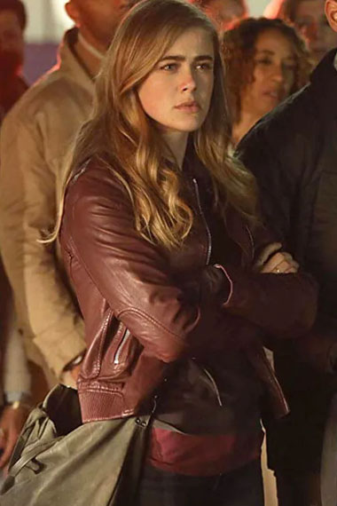 Melissa Roxburgh Michaela Stone Manifest Maroon Leather Jacket