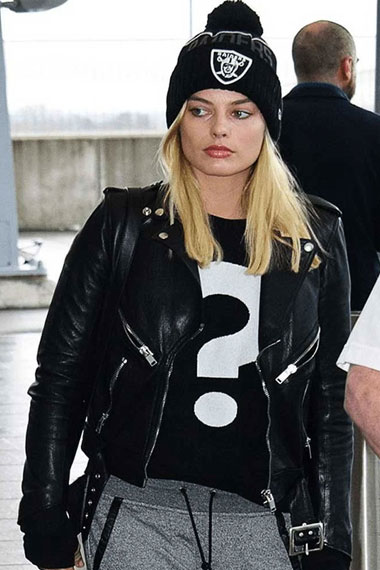 Margot Robbie Heathrow Airport Casual Black Leather Jacket