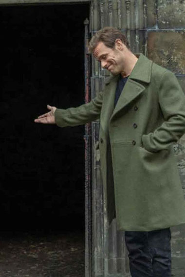 Sam Heughan Men in Kilts TV Series Green Wool Trench Pea Coat