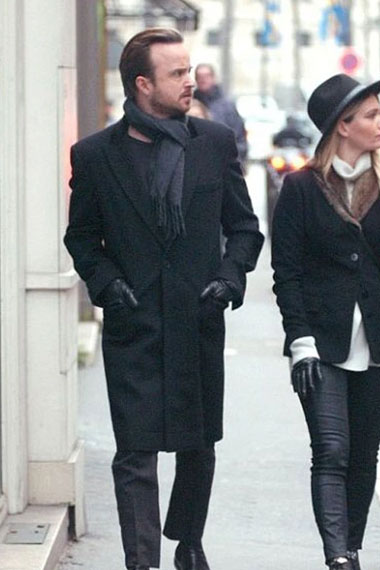 Paris Aaron Paul Street Style Mens Long Black Wool Trench Coat