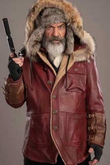 Mel Gibson Fatman Chris Cringle Hooded Maroon Leather Parka