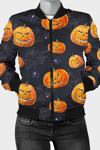 Men Halloween Party Pumpkin Printed Cotton Bomber Jacket