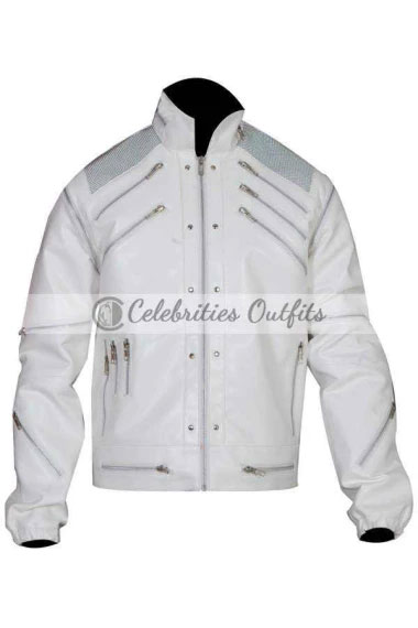 Beat it Song Michael Jackson Mens Biker White Leather Jacket