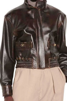 Kennedy McMann Nancy Drew Cropped Brown Bomber Leather Jacket