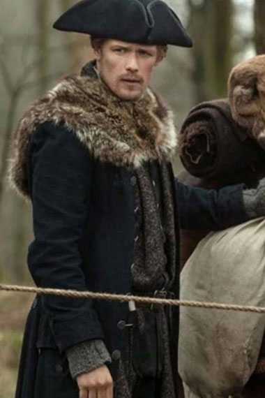 Sam Heughan Outlander Jamie Fraser Black Wool Fur Trench Coat