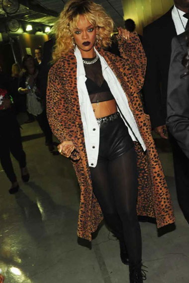 Rihanna Grammy Awards Womens Leopard Print Brown Wool Coat