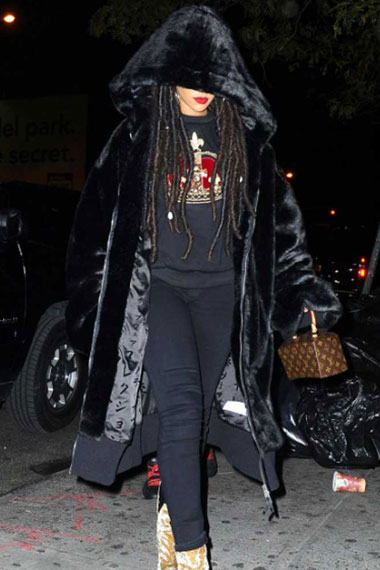 Casual Rihanna Street Style Womens Hooded Black Fur Long Coat