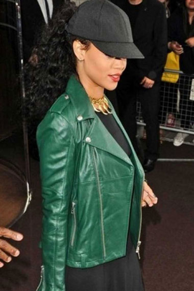 Womens Rihanna Street Style Casual Green Biker Leather Jacket
